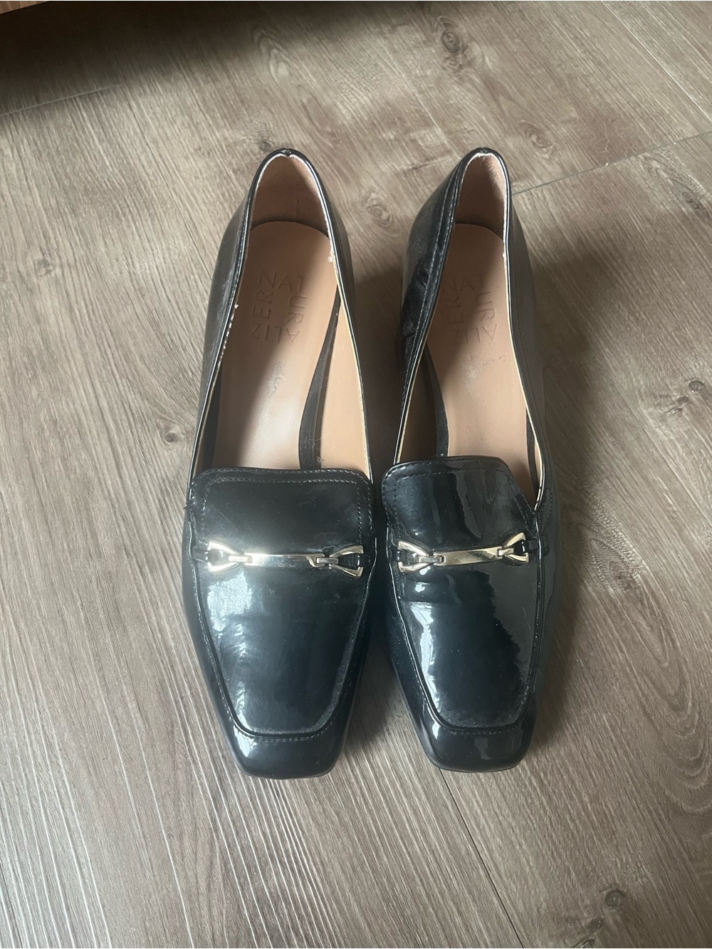 Naturalizer Black Patent Leather Loafers with Gold Accent